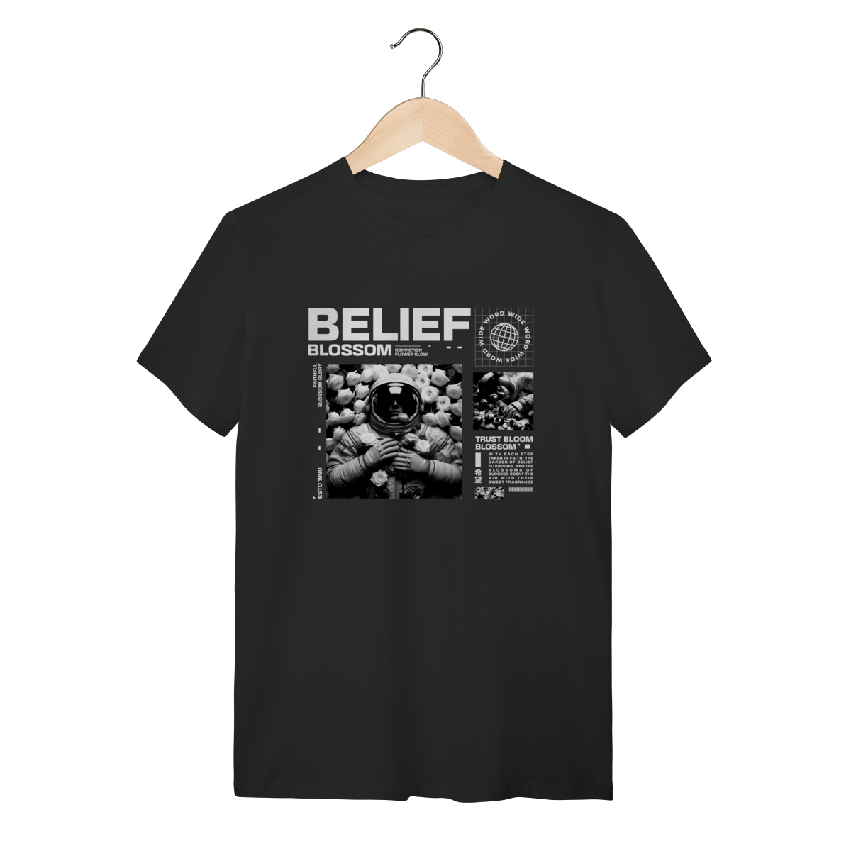 Camiseta Preta Algodão Astronauta Belief Blossom Aesthetic Streetwear