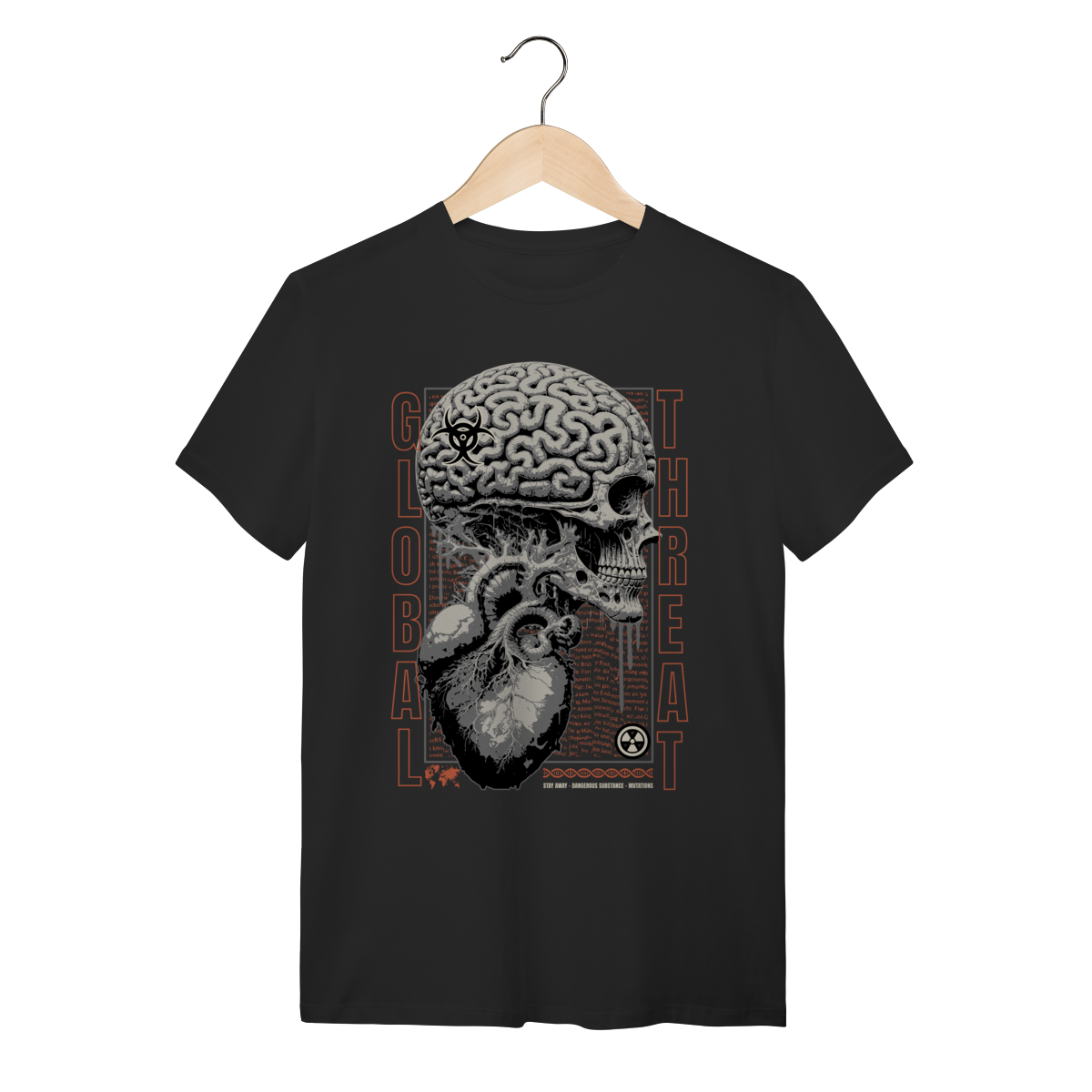 Camiseta Preta Algodão Caveira Cérebro Global Threat Dark