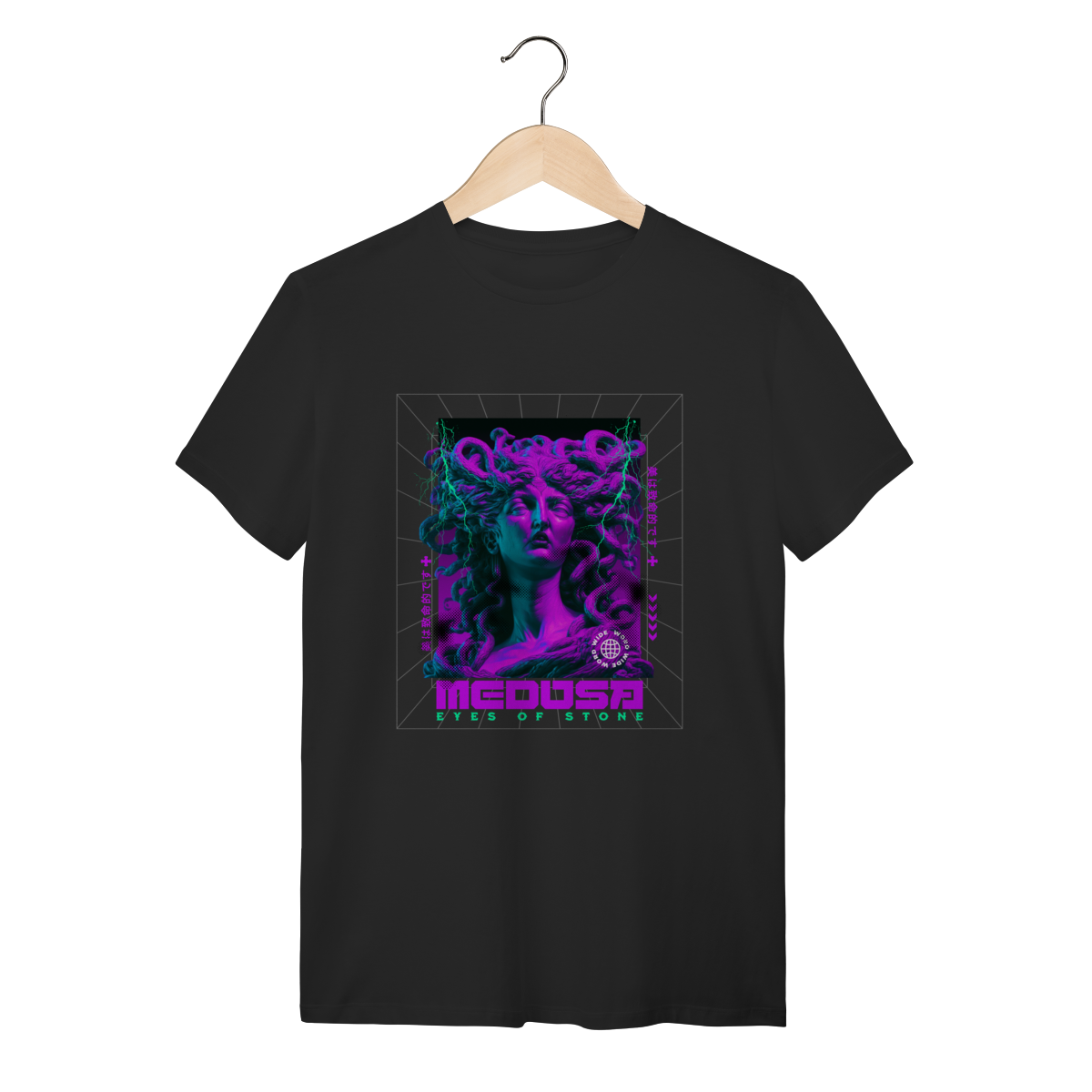 Camiseta Preta Algodão Medusa Eyes of Stone Roxo Neon Vaporwave