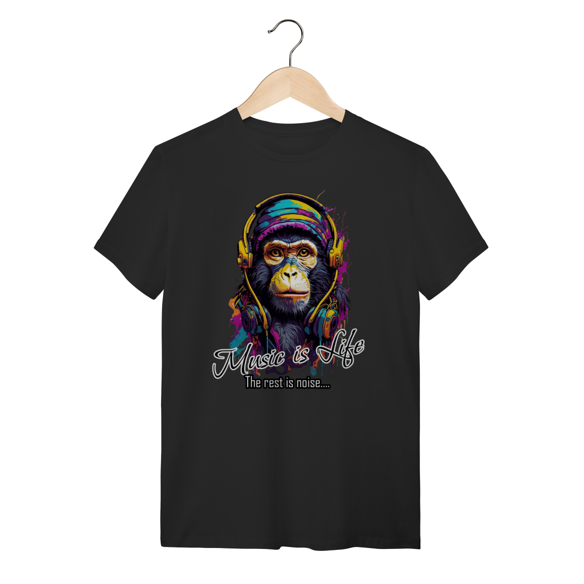 Camiseta Macaco com Fone de Ouvido Music is Life Pop Art Algodão