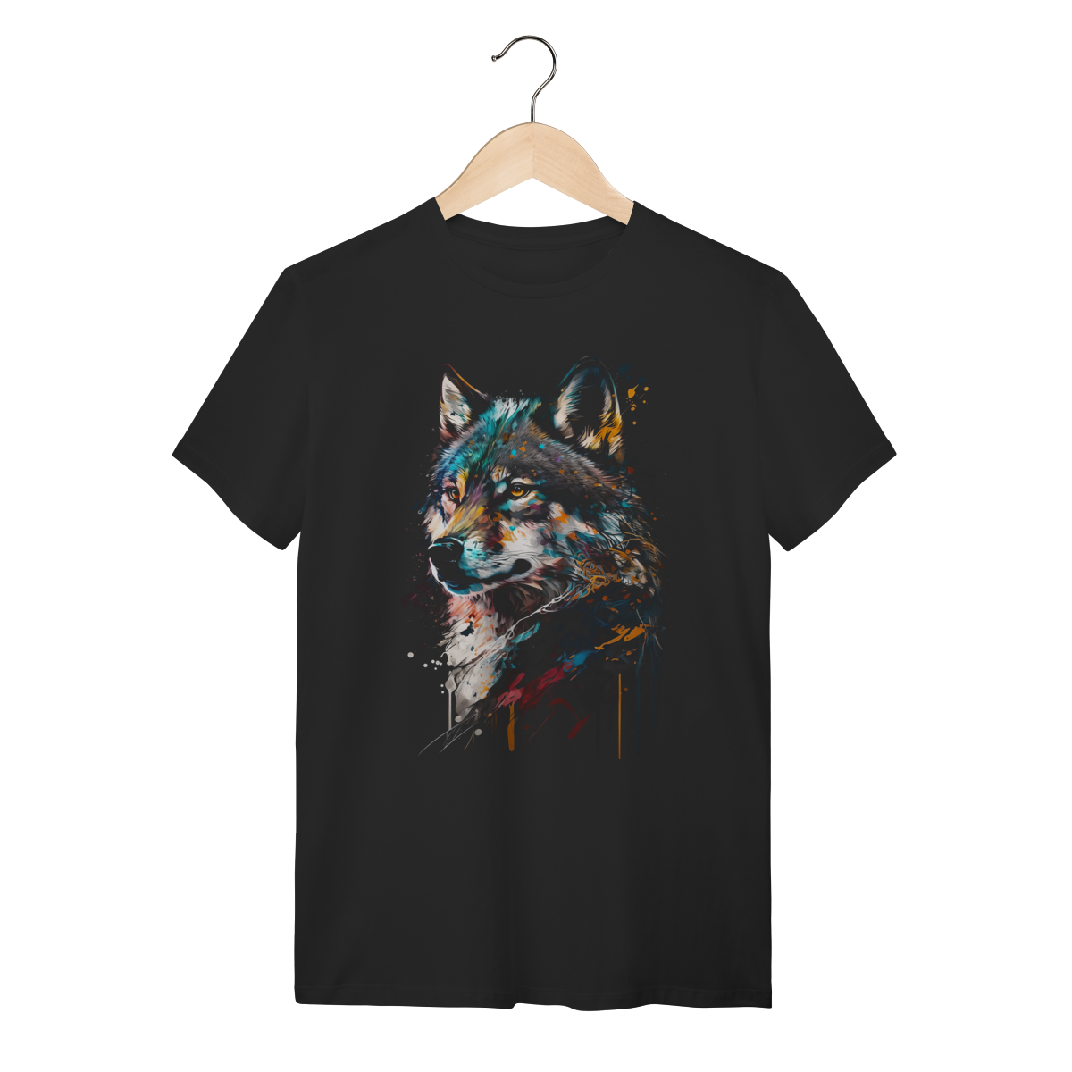 Camiseta Lobo Colorido Aquarela Algodão Gola Redonda Casual