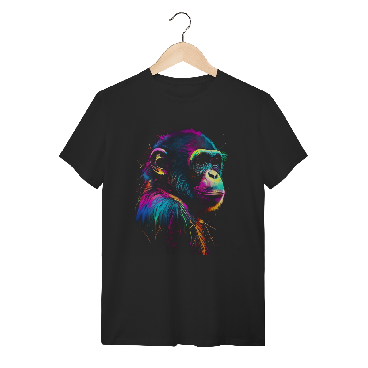 Camiseta Chimpanzé Colorida Neon Rainbow Algodão Premium