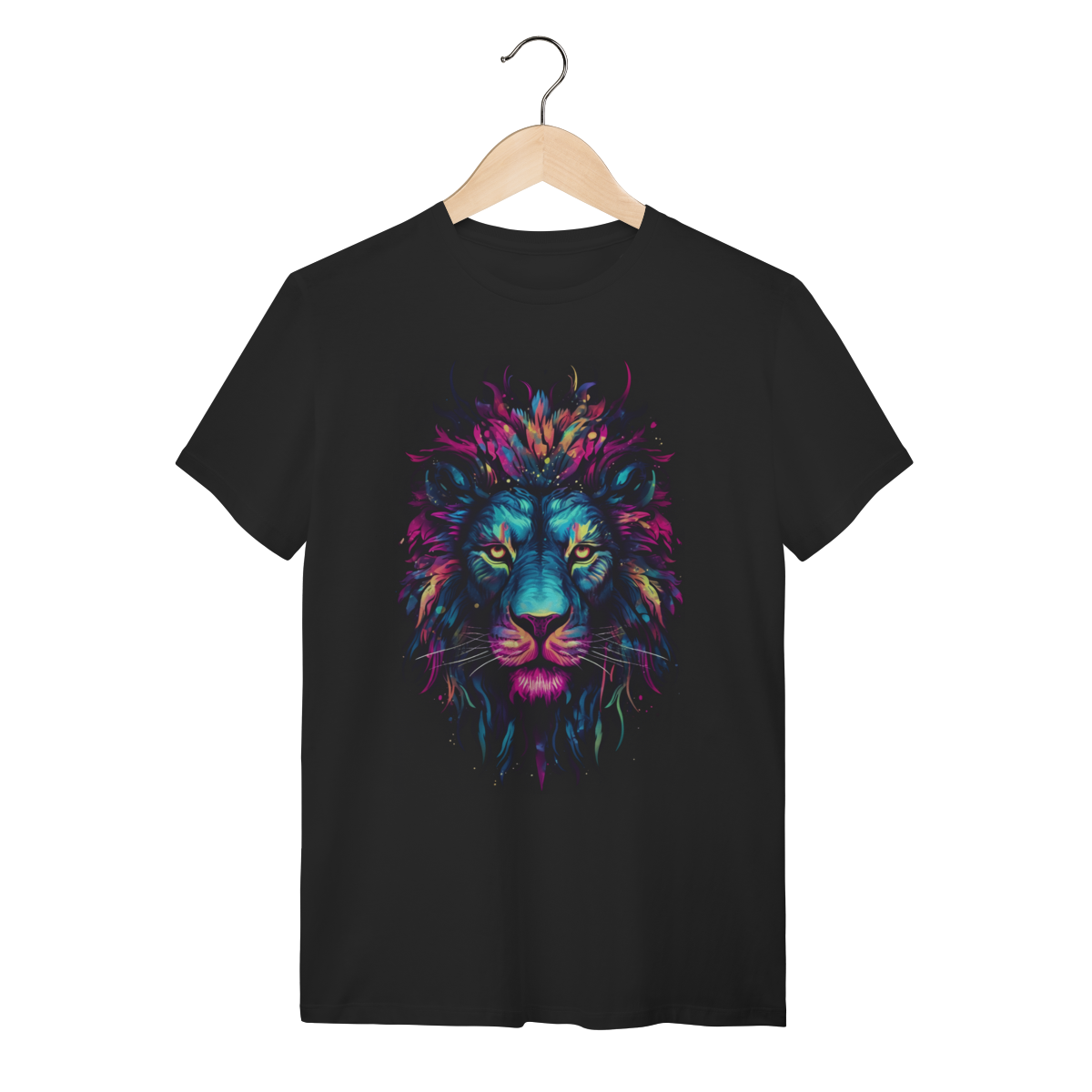 Camiseta Leão Psicodélico Neon Colorido Algodão Gola Redonda