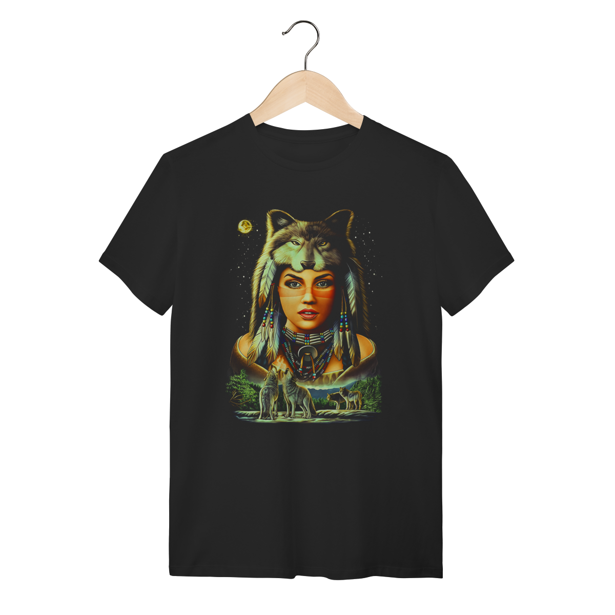 Camiseta Índia Xamã com Lobo Estampa Mística Algodão Premium