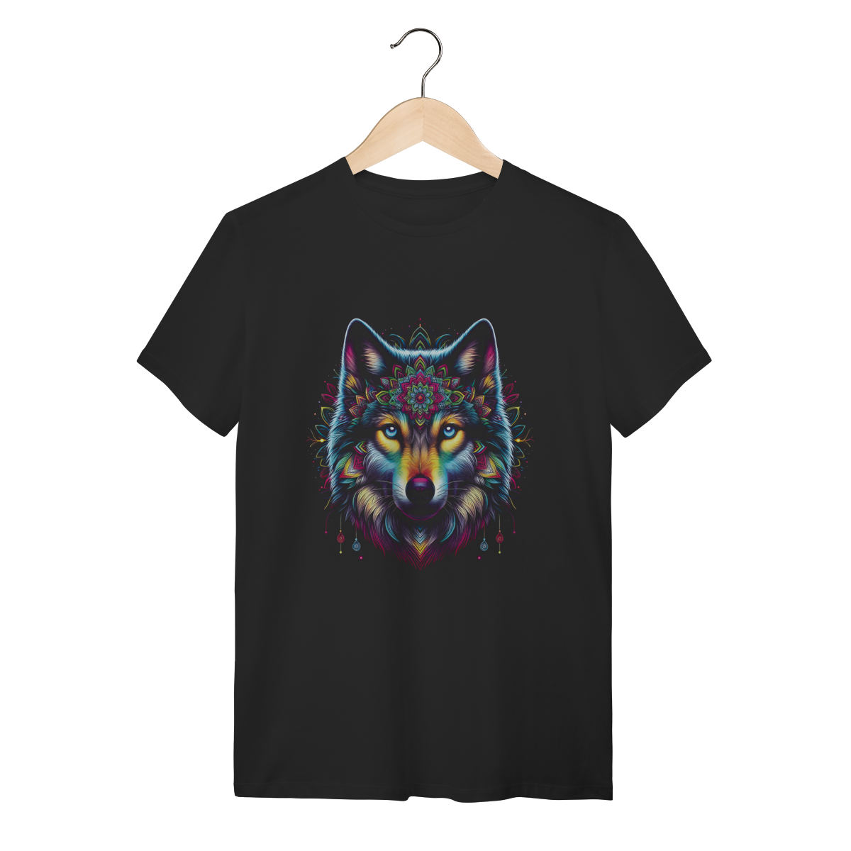 Camiseta Lobo Mandala Colorida Boho Chic Algodão Gola Redonda