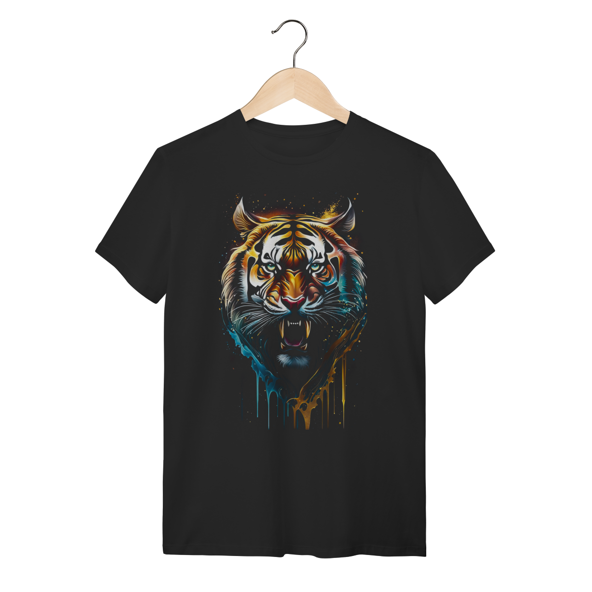 Camiseta Preta Tigre Majestoso Unissex em Algodão com Estampa Artística