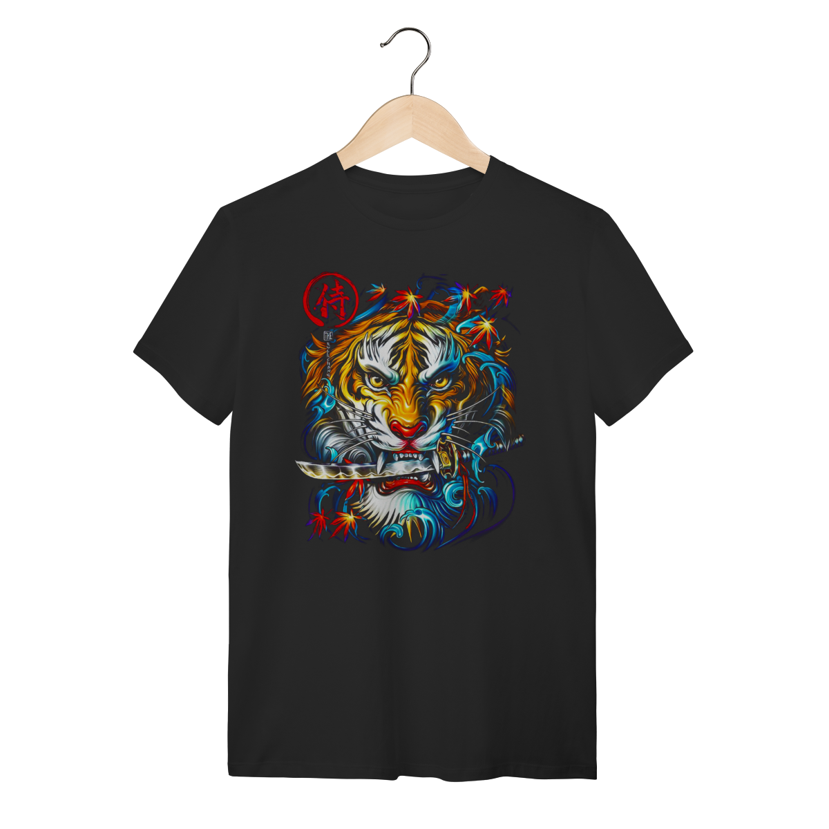 Camiseta Preta Tigre Samurai Unissex em Algodão com Arte Oriental Premium