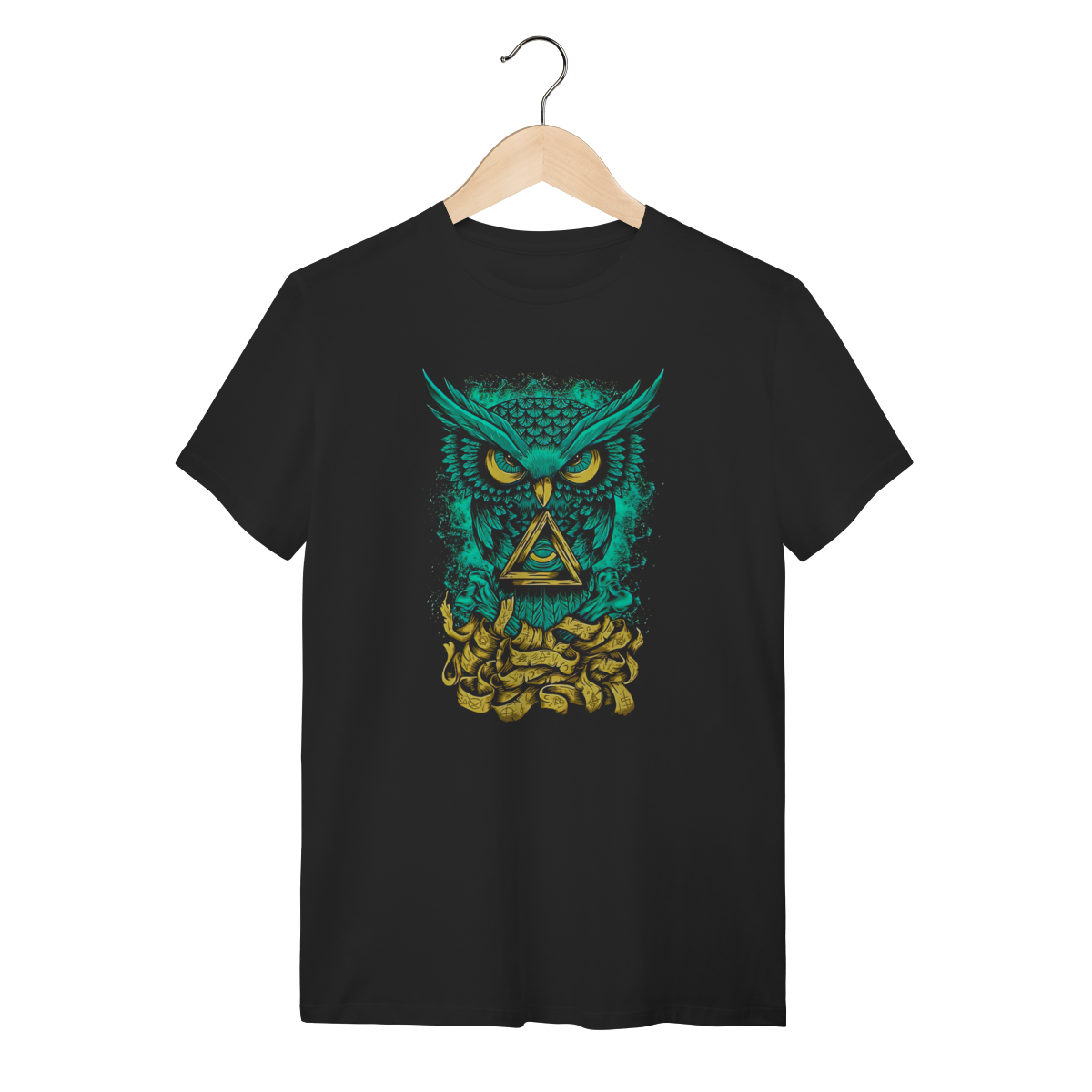 Camiseta Preta Coruja Mística Geométrica Unissex em Algodão Premium