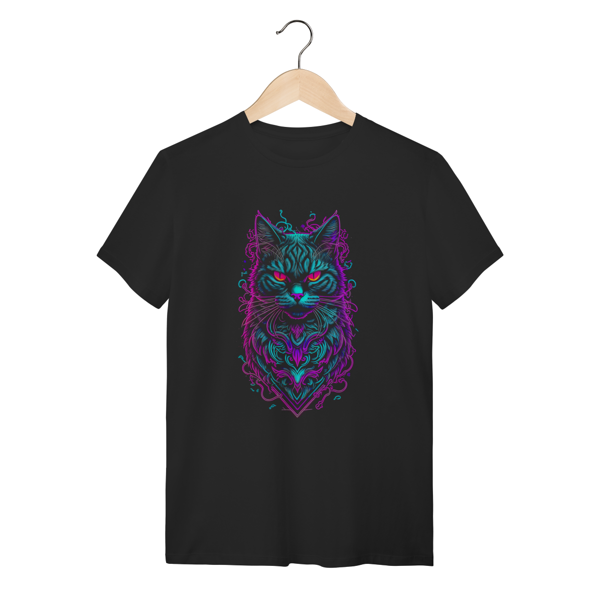 Camiseta Preta Gato Neon Cyberpunk - 100% Algodão Premium