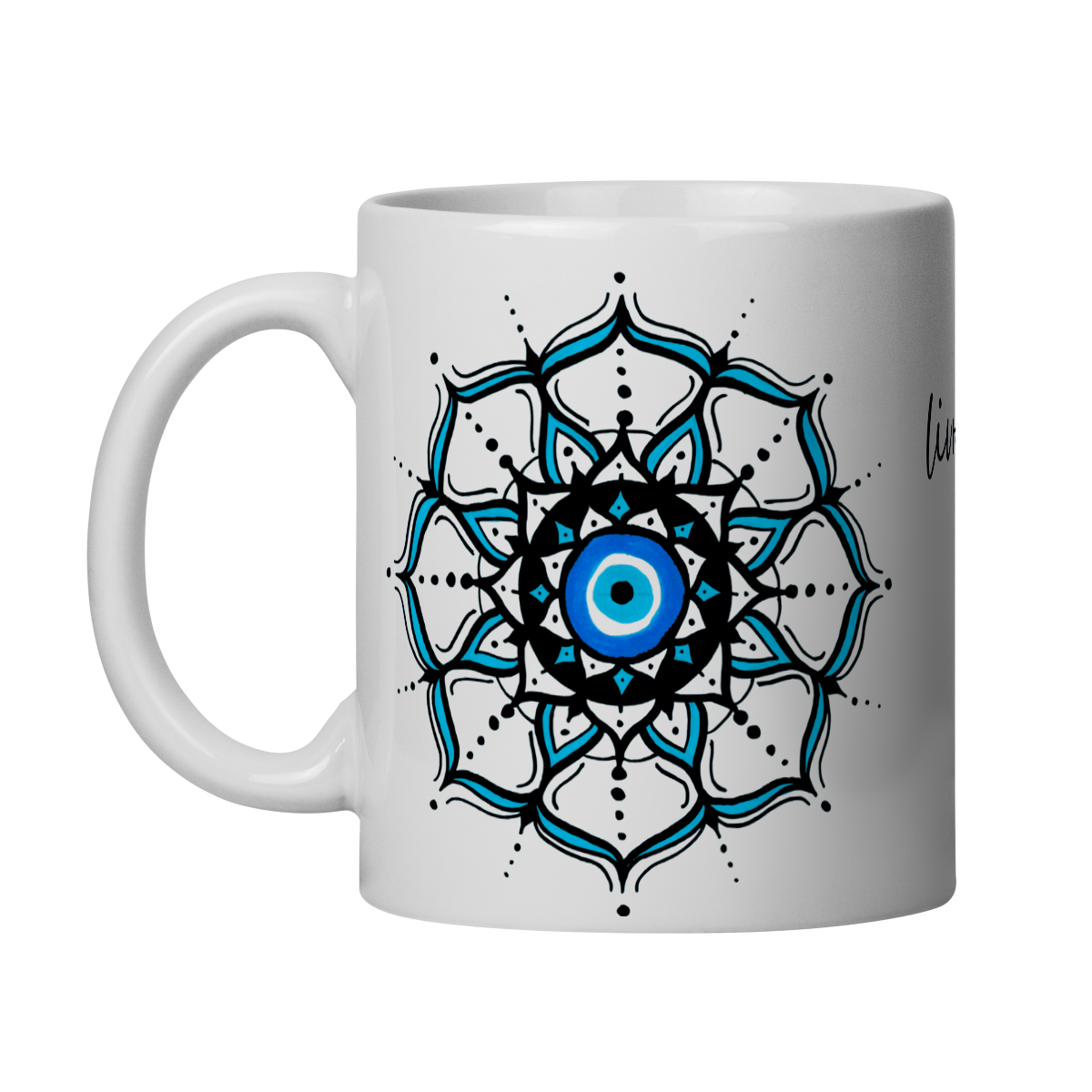 Caneca Mandala Olho Grego – Círculo de Harmonia – Livrai-me do mau olhado, mal amado e do bem disfarçado