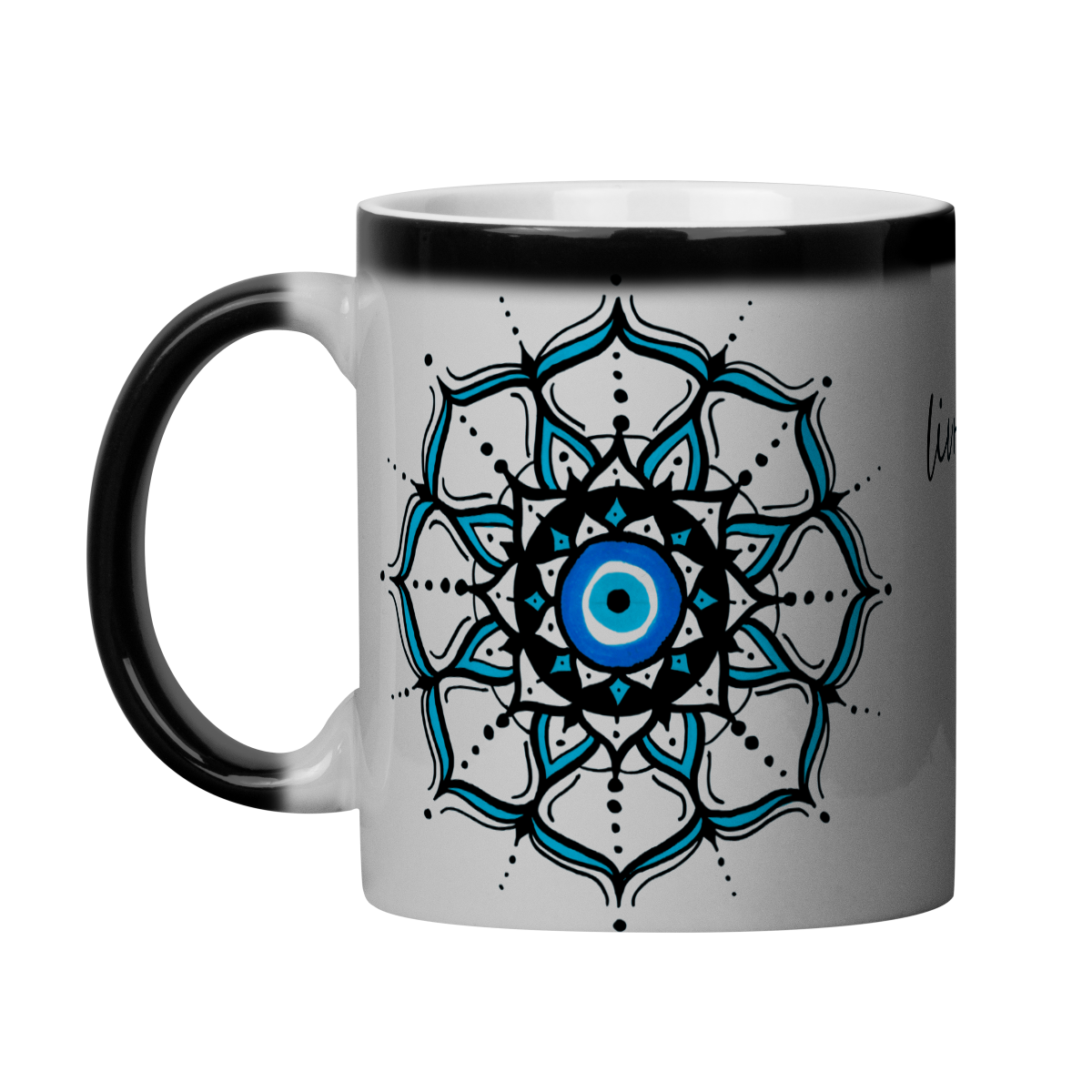 Caneca Mágica Mandala Olho Grego – Círculo de Harmonia – Livrai-me do mau olhado, mal amado e do bem disfarçado
