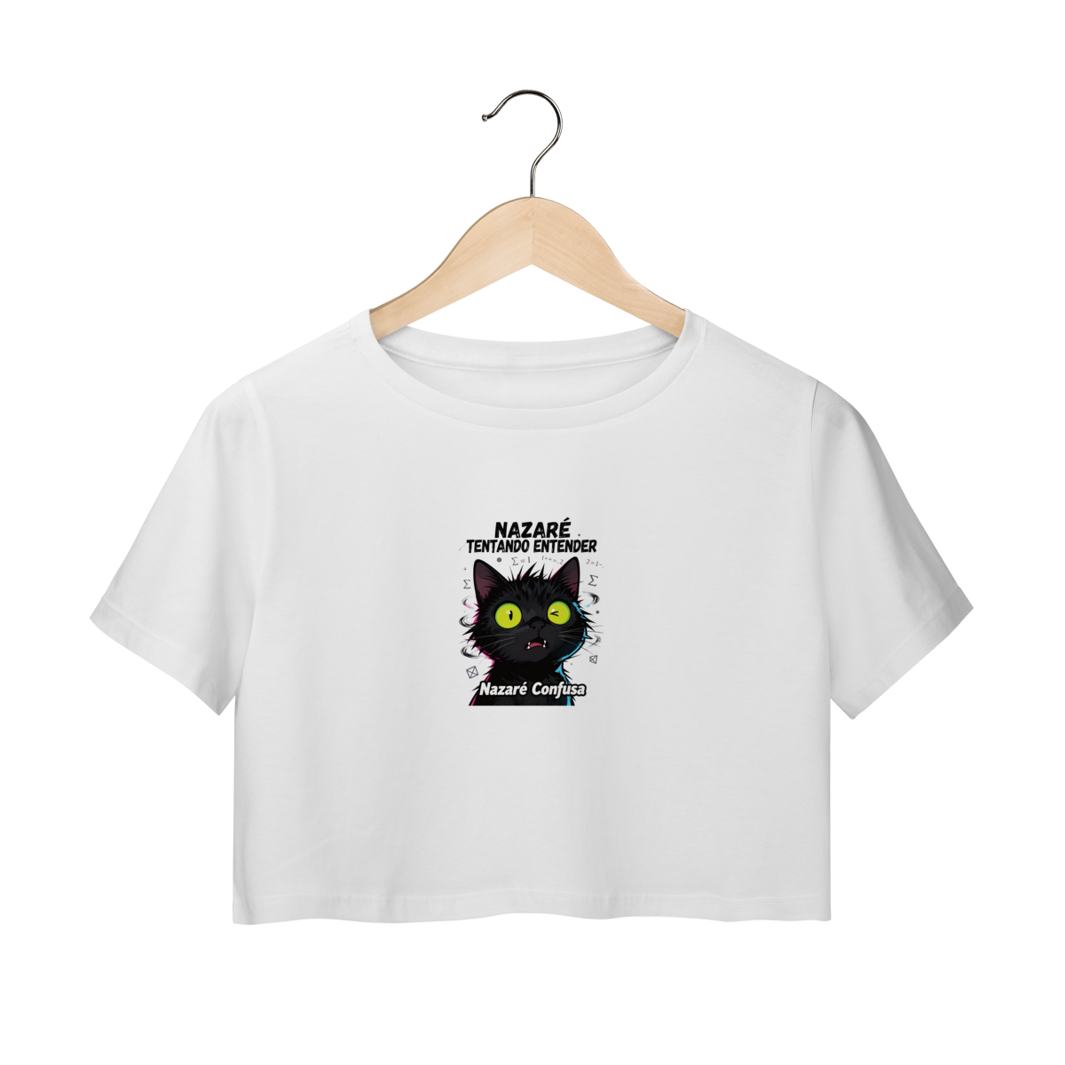 Camisa Cropped - NAZARÉ TENTANDO ENTENDER - GATO PRETO CONFUSO