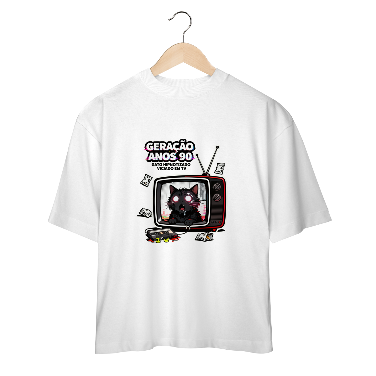 Camiseta Geração Anos 90 Gato Hipnotizado TV Nostalgia Retrô