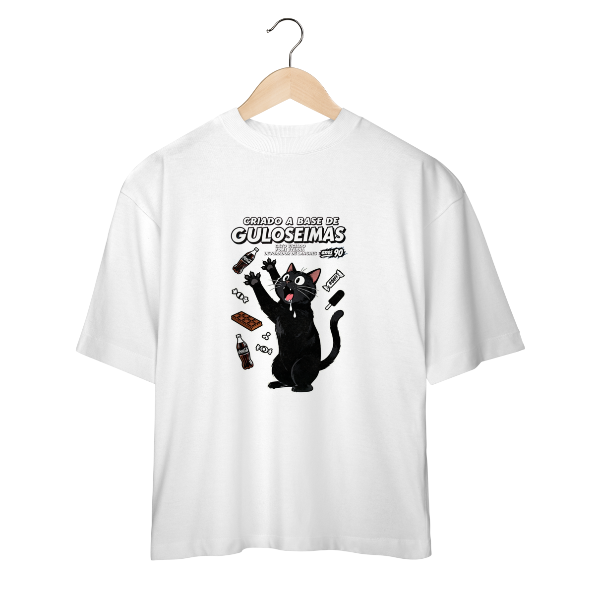 Camiseta Criado Base Guloseimas Gato Viciado Fome Nostalgia