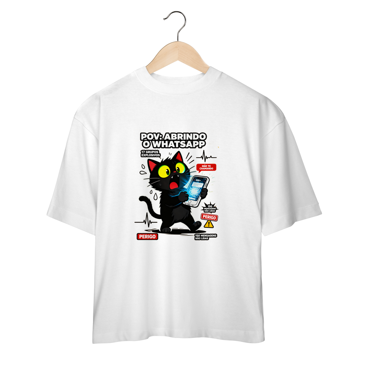 Camiseta POV Abrindo WhatsApp Gato Aterrorizado Gen Z Anxiety