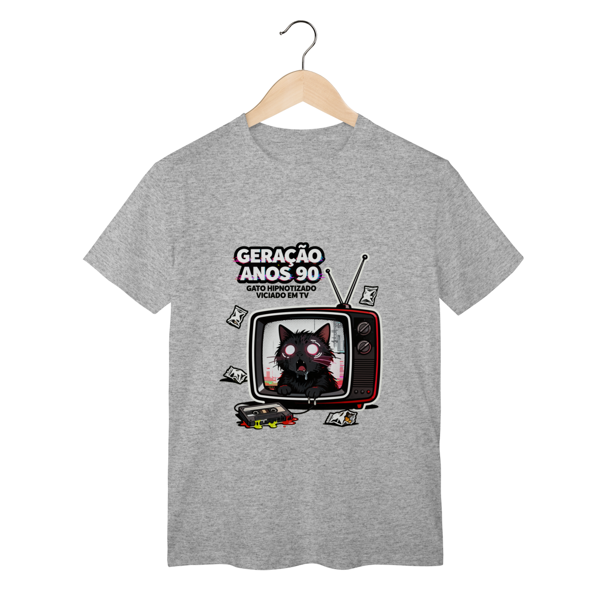 Camiseta Geração Anos 90 Gato Hipnotizado TV Nostalgia Retrô