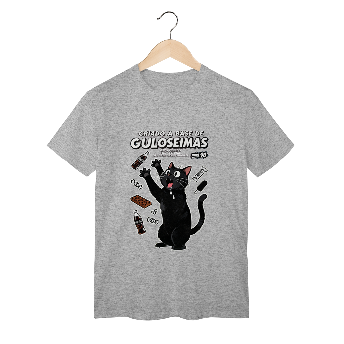 Camiseta Criado Base Guloseimas Gato Viciado Fome Nostalgia