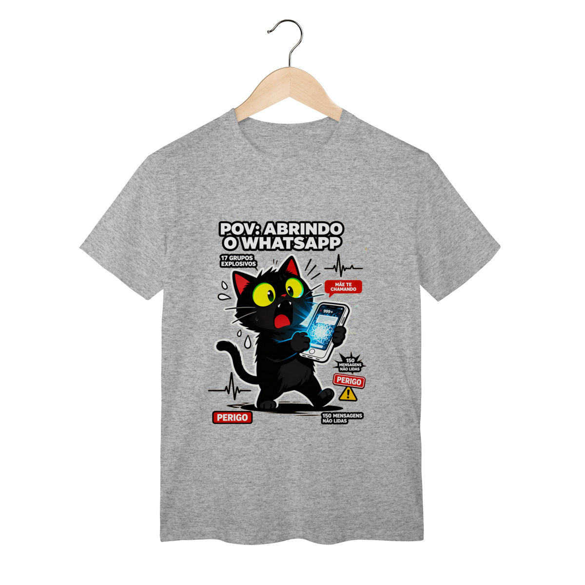 Camiseta POV Abrindo WhatsApp Gato Aterrorizado Gen Z Anxiety