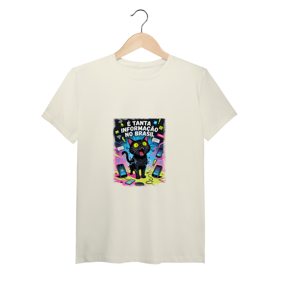 Camiseta É Tanta Informação no Brasil - Gato Preto Surtado Meme