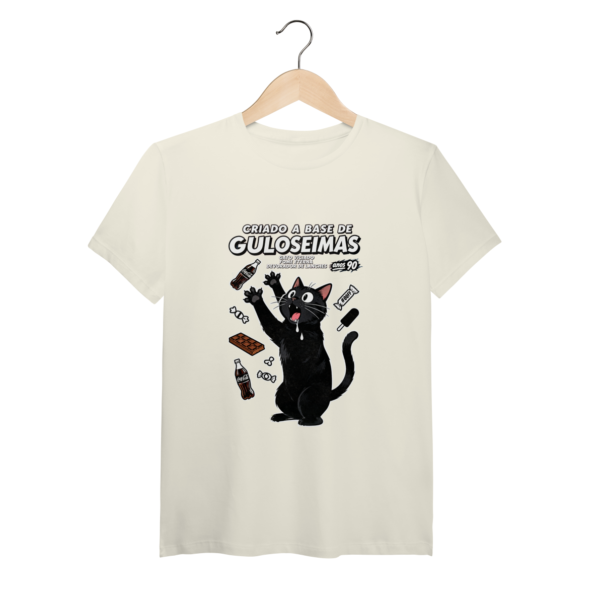 Camiseta Criado Base Guloseimas Gato Viciado Fome Nostalgia