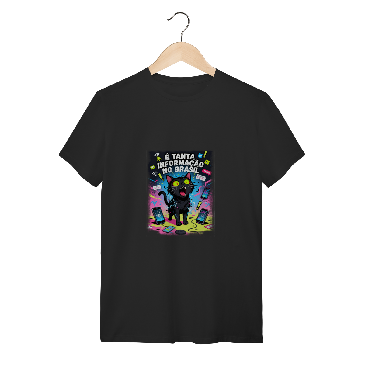 Camiseta É Tanta Informação no Brasil - Gato Preto Surtado Meme