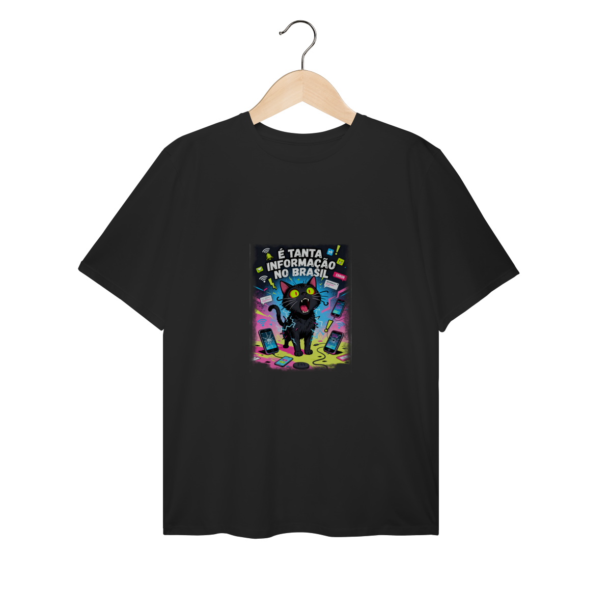 Camiseta É Tanta Informação no Brasil - Gato Preto Surtado Meme