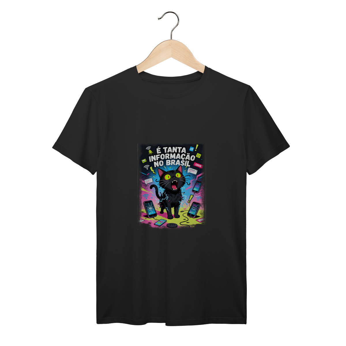 Camiseta É Tanta Informação no Brasil - Gato Preto Surtado Meme
