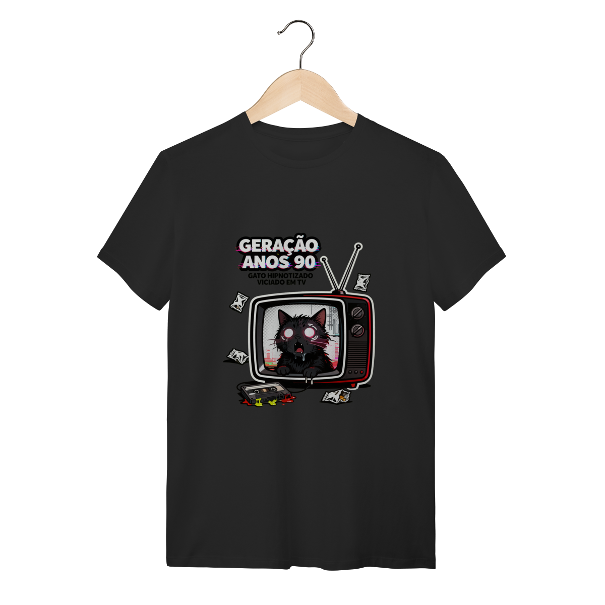 Camiseta Geração Anos 90 Gato Hipnotizado TV Nostalgia Retrô