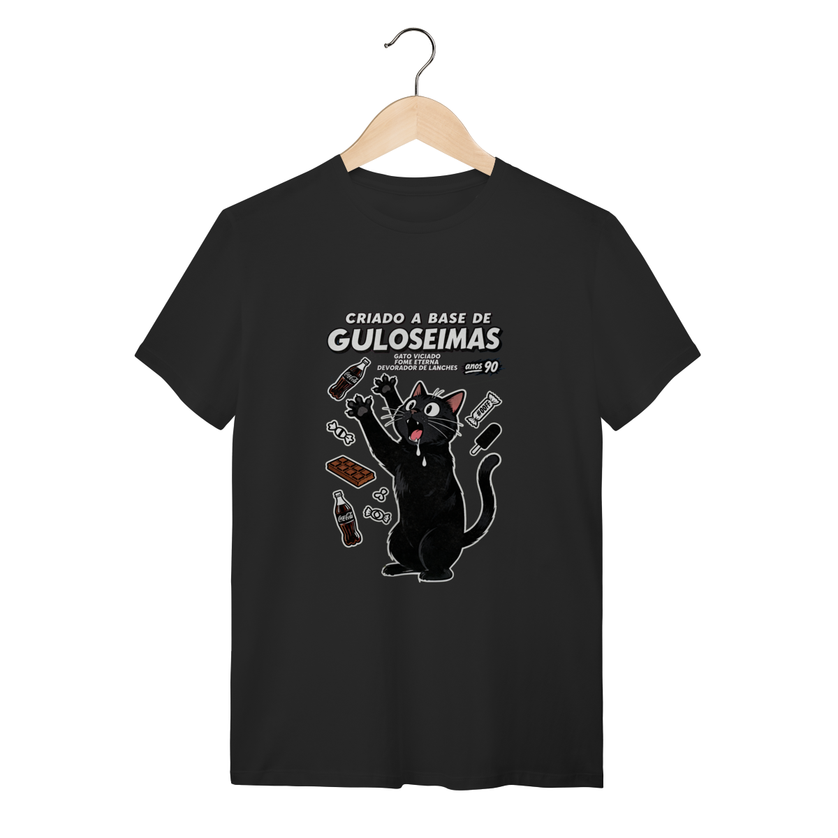 Camiseta Criado Base Guloseimas Gato Viciado Fome Nostalgia
