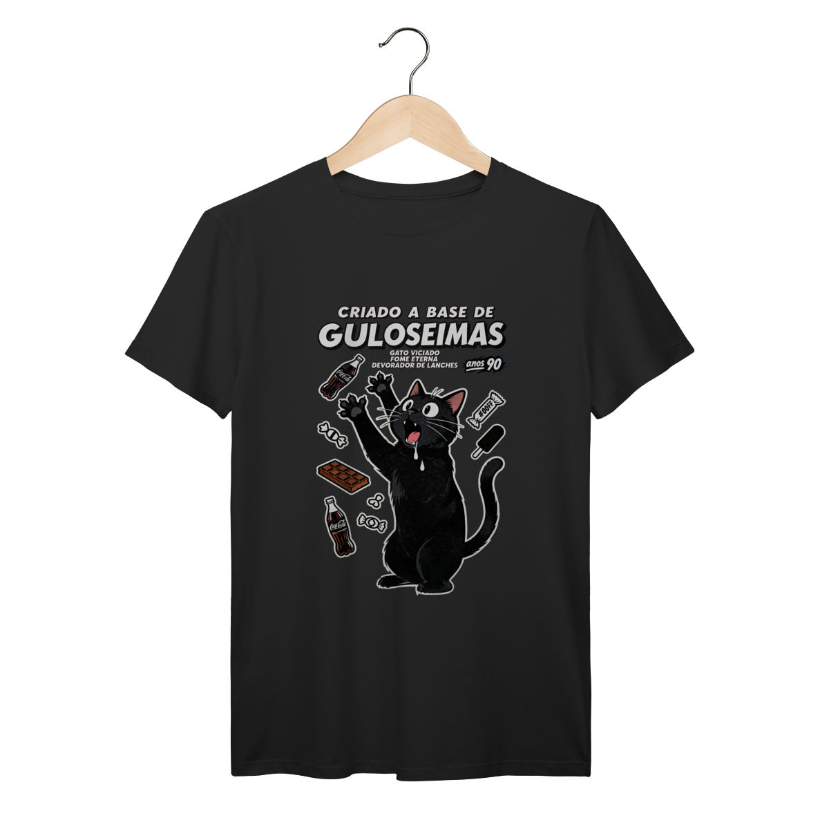Camiseta Criado Base Guloseimas Gato Viciado Fome Nostalgia