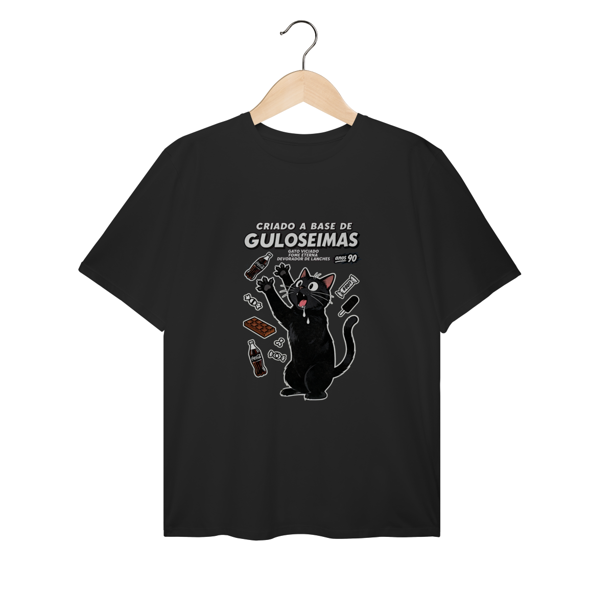 Camiseta Criado Base Guloseimas Gato Viciado Fome Nostalgia
