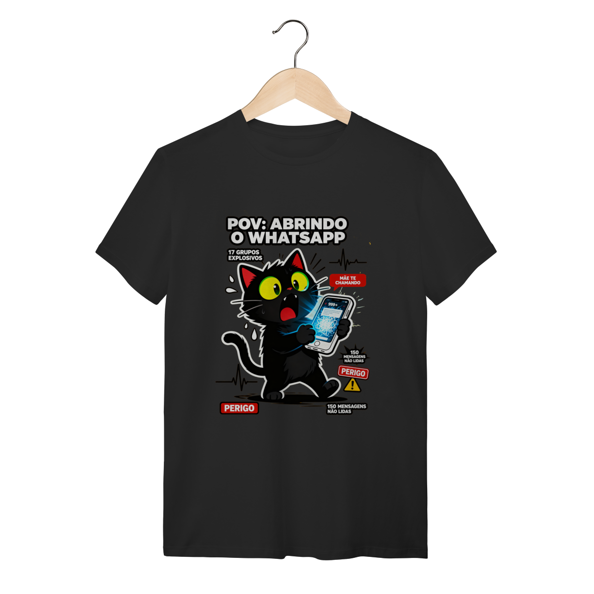 Camiseta POV Abrindo WhatsApp Gato Aterrorizado Gen Z Anxiety