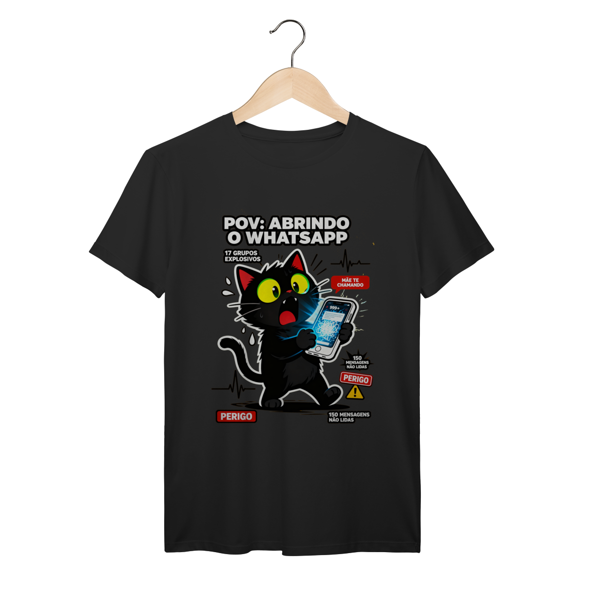 Camiseta POV Abrindo WhatsApp Gato Aterrorizado Gen Z Anxiety