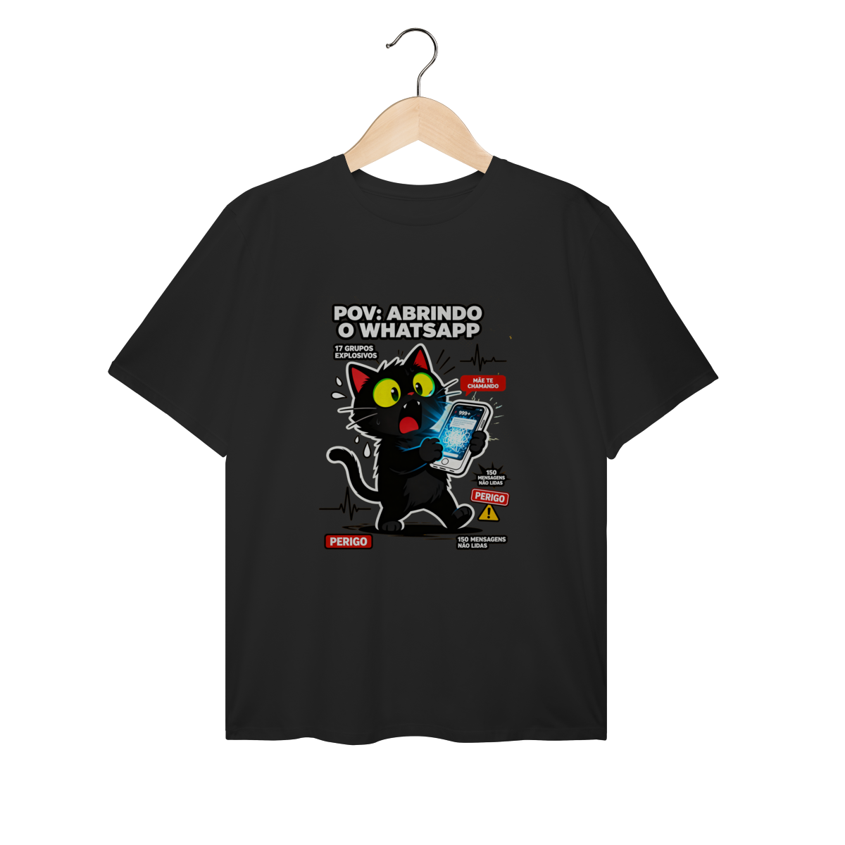 Camiseta POV Abrindo WhatsApp Gato Aterrorizado Gen Z Anxiety