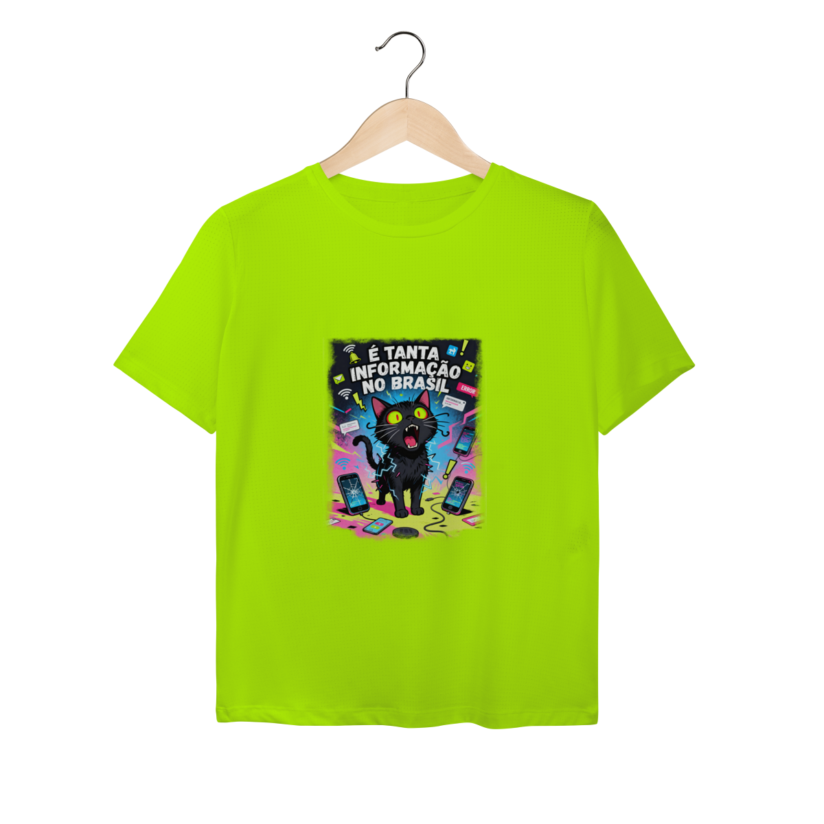 Camiseta É Tanta Informação no Brasil - Gato Preto Surtado Meme