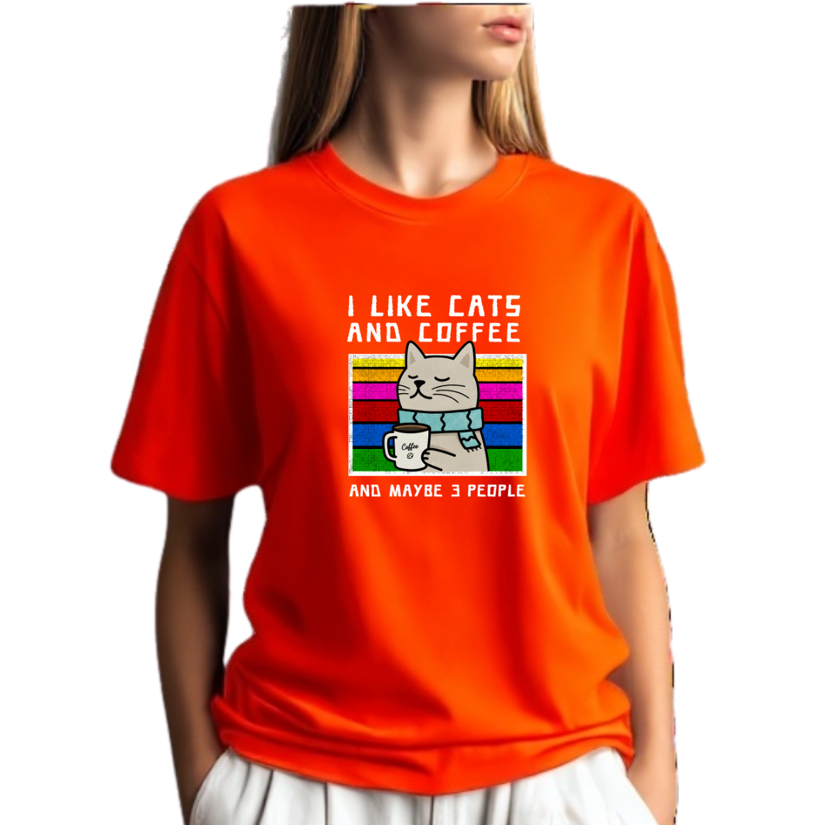 Camiseta Laranja Gato Fofo Café - Malha Quality Premium