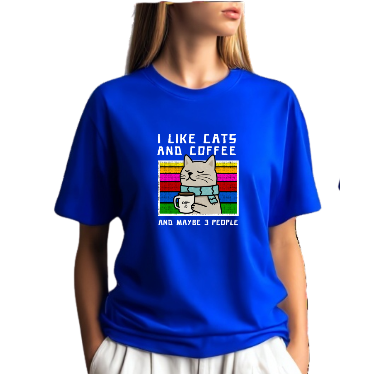 Camiseta Azul Royal Gato Divertido - Algodão Penteado