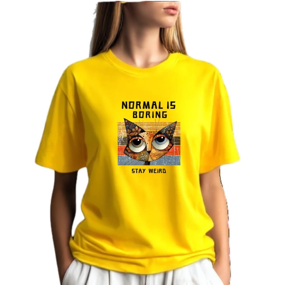 Camiseta Amarelo Ouro Gato Frase Inglês - 100% Algodão