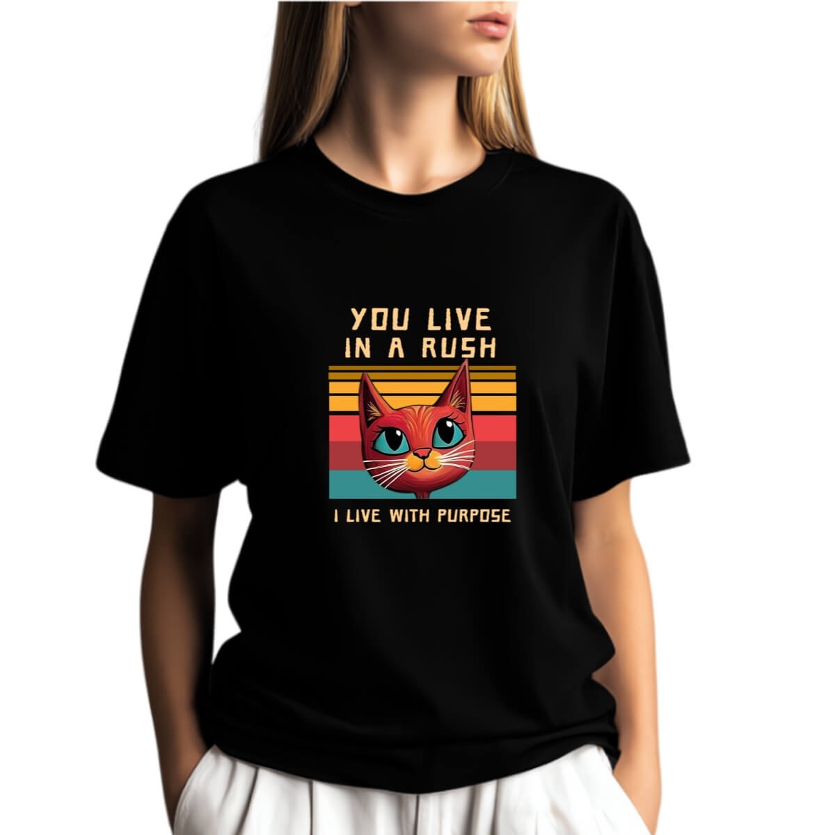 Camiseta Preta Gato You Live In A Rush - Malha Quality