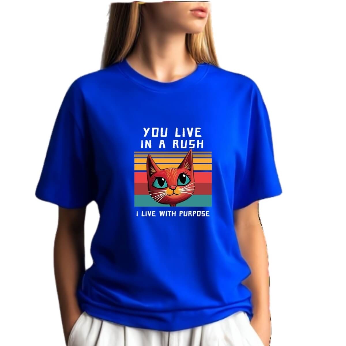 Camiseta Azul Royal Gato Live With Purpose - Premium