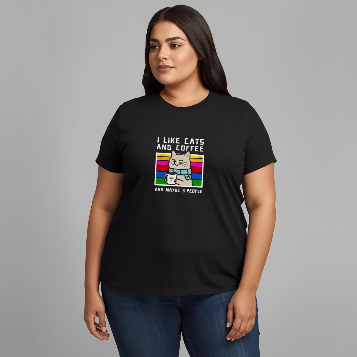 Camiseta Plus Size Cat and Coffee | 100% Algodão Fio 30.1