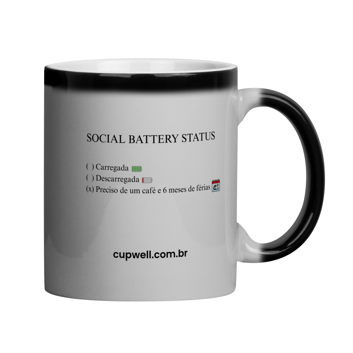 Caneca Social Battery: Status Preciso de Café e Férias | Cerâmica 325ml