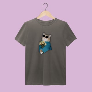 Camiseta Estonada Gatinho com Flores - 100% Algodão