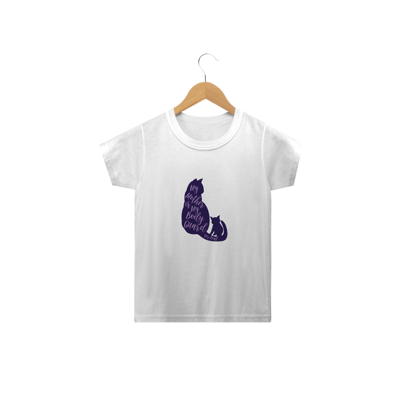 Nome do produto: Camiseta Classic Infantil Estampa Gato Frase My Mother is My Body Guard for Real - Minha mãe é minha guarda-costas de verdade