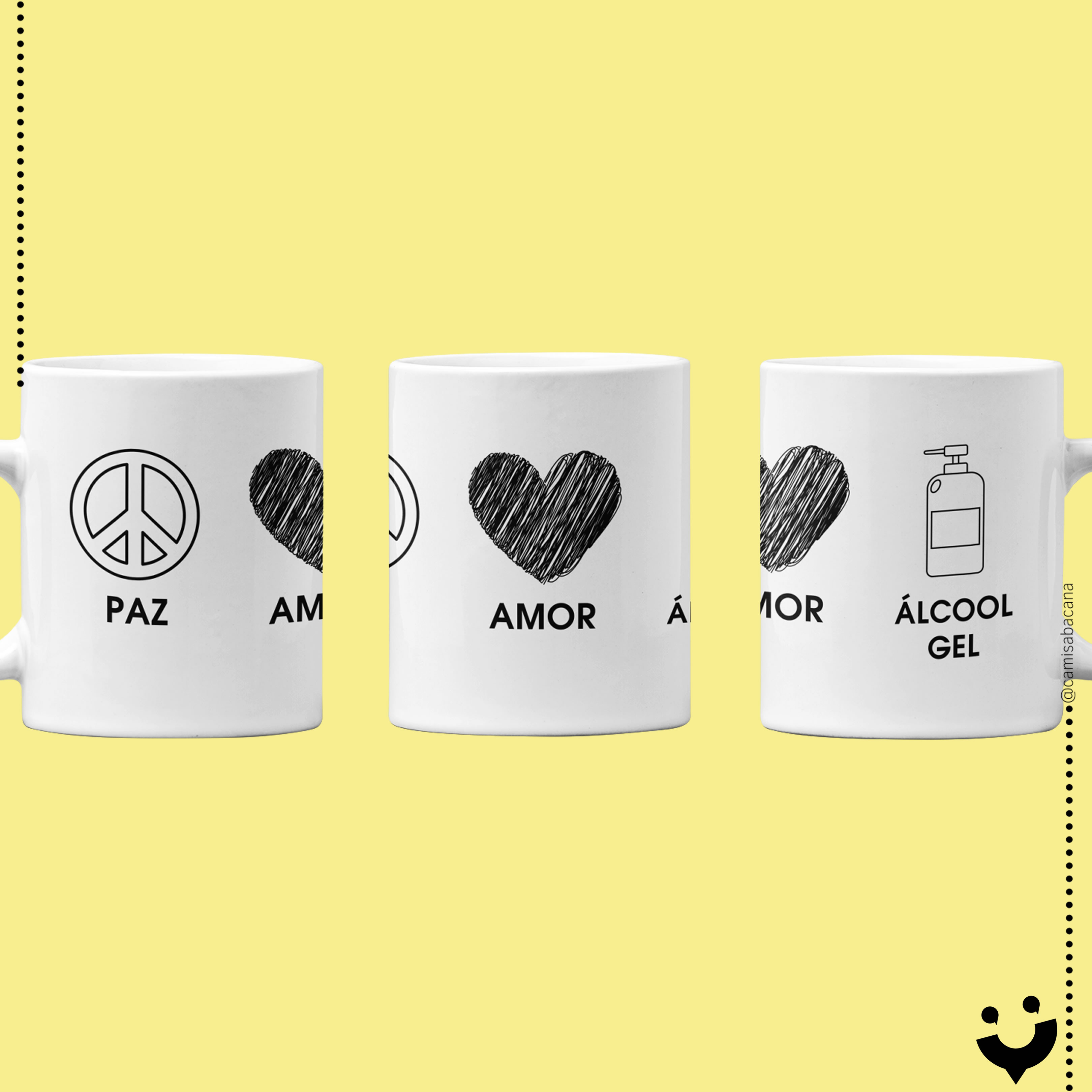 Nome do produto: {Caneca Bacana} Paz, amor e álcool gel