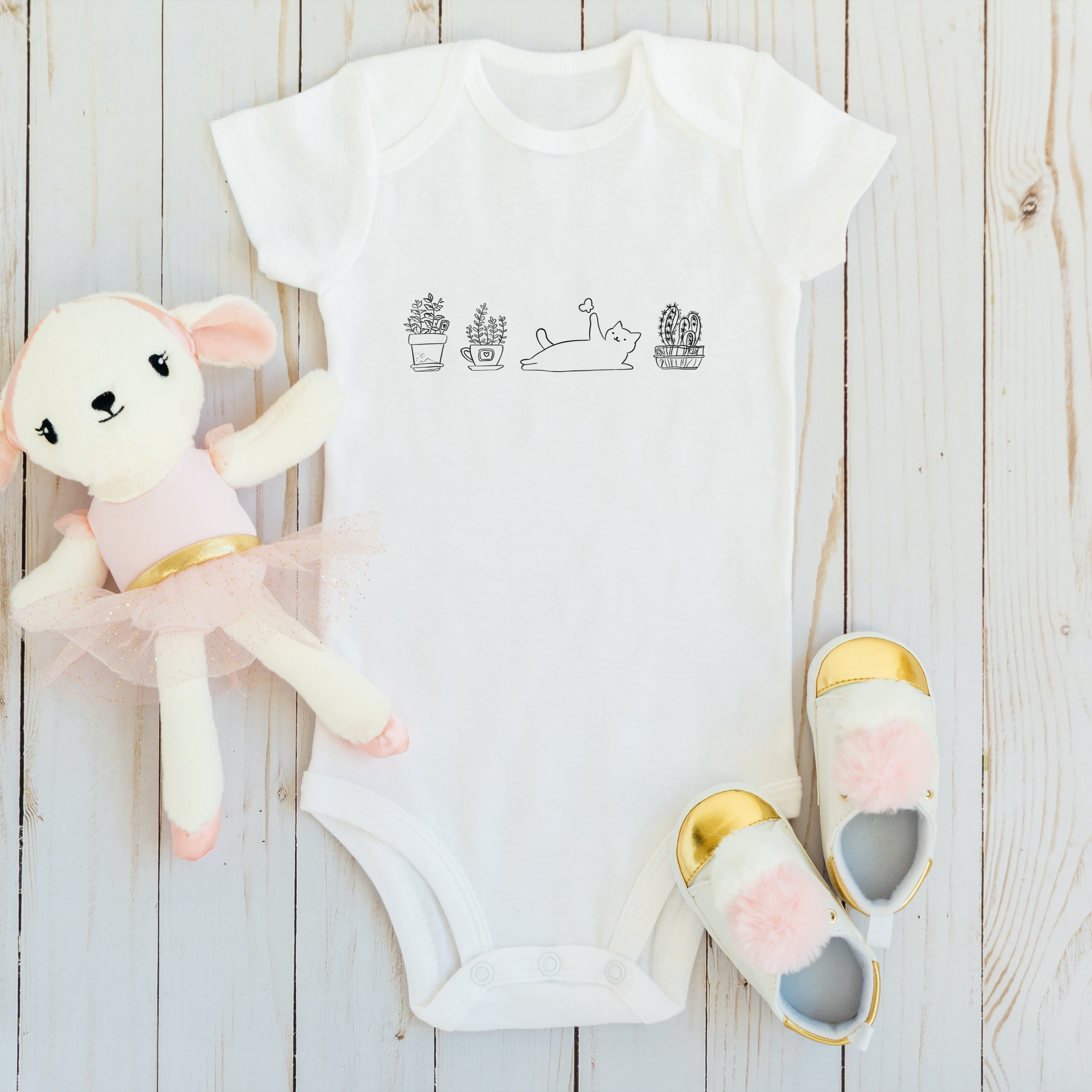 Nome do produto: Body Bebê Gatos e Plantas Branco