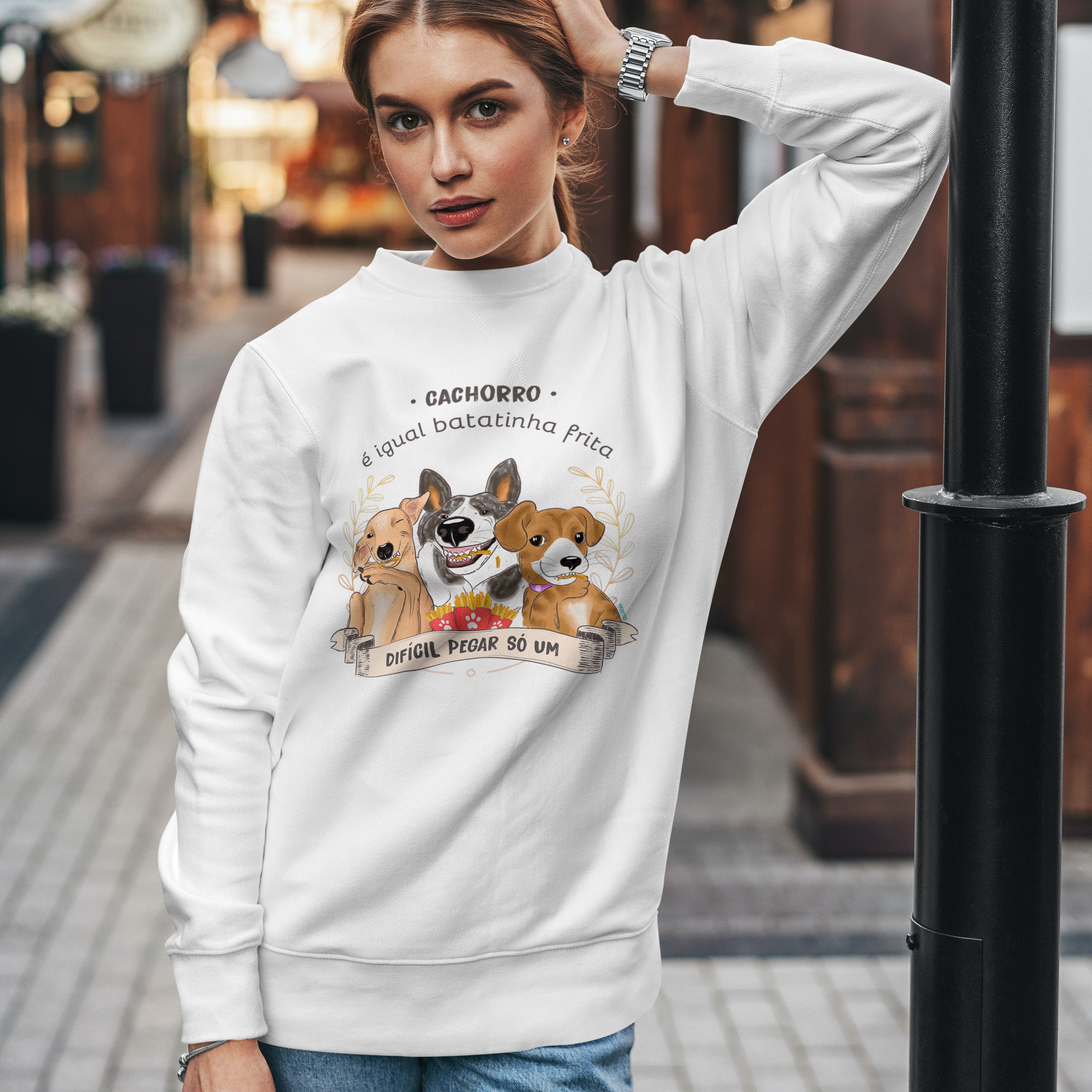 Nome do produto: Moletom Fechado Unissex Cachorro é Igual Fritas Branco