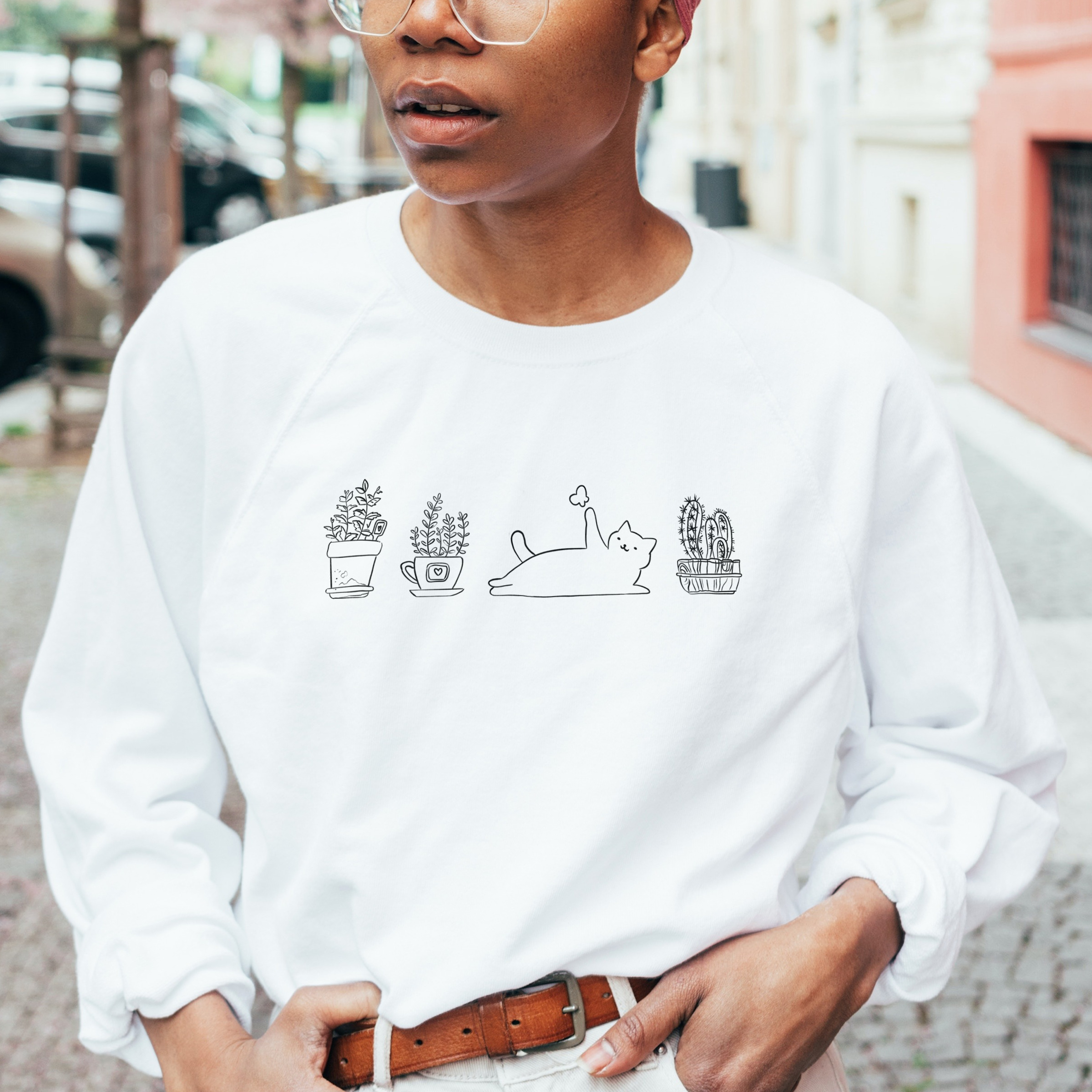 Nome do produto: Moletom Fechado Unissex Gatos e Plantas Branco