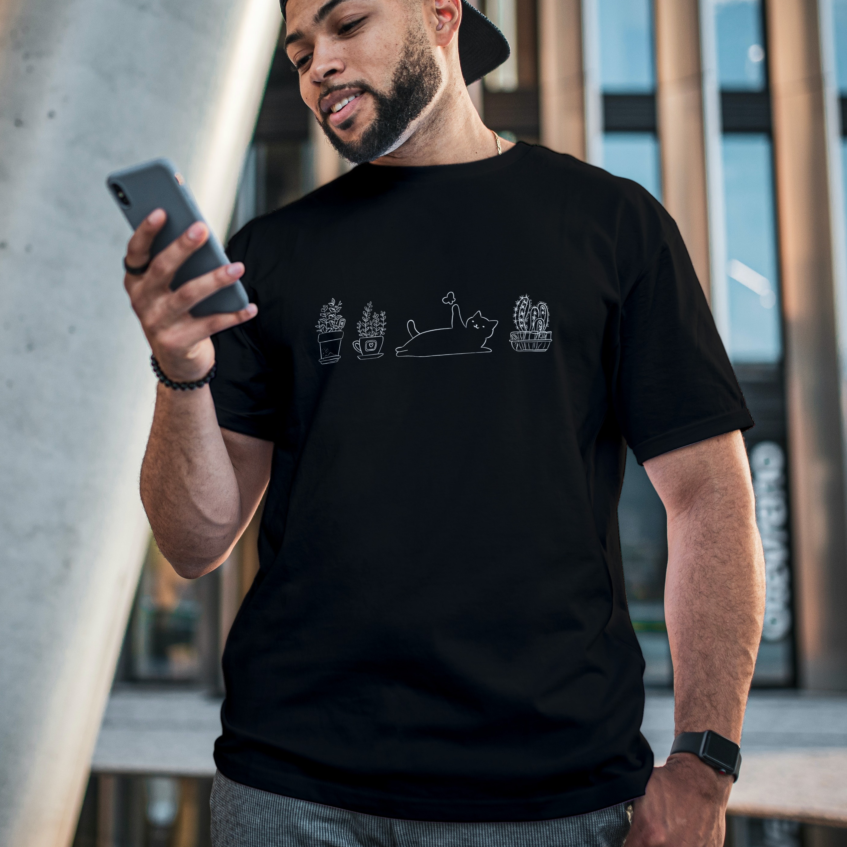 Nome do produto: Camiseta Masculina Gatos e Plantas Preta