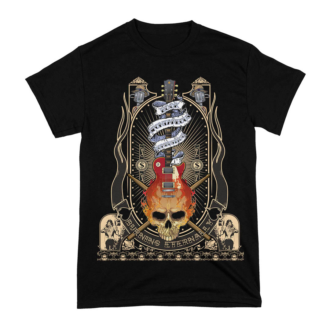 Nome do produto: Camiseta Rock Guitarra e Caveira Queimando